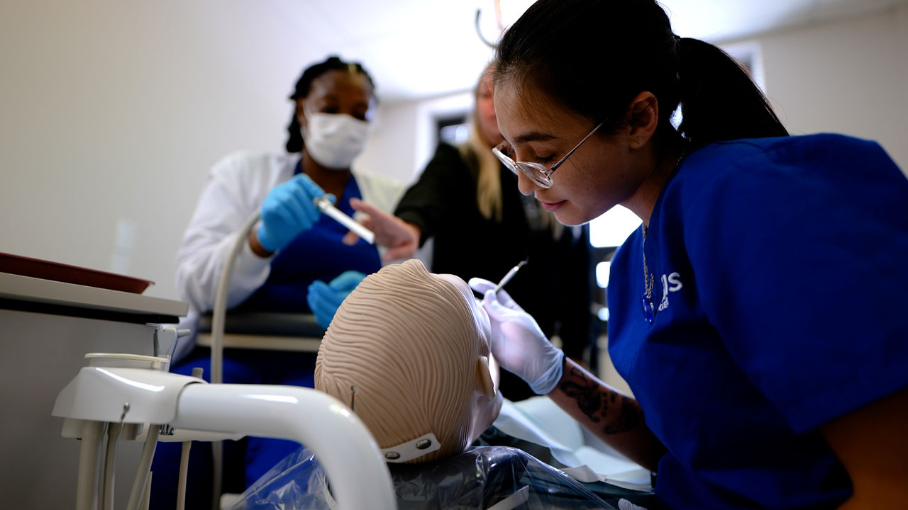 Dental students practicing procedures on training mannequin